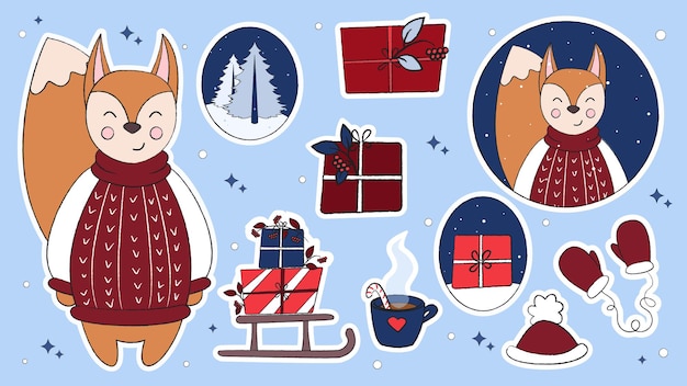 Christmas doodles, ready-made Christmas stickers, animals in Christmas clothes