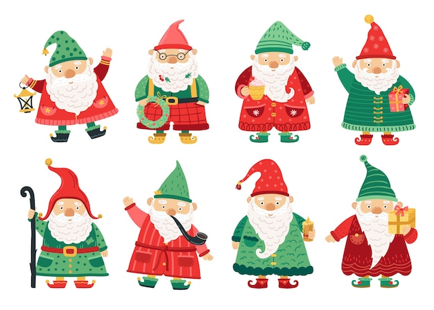 Christmas dwarfs. Cute fairytale gnome, old beard men greeting with x-mas. Home garden magical characters, winter holiday fantasy vector set. Christmas holiday character, winter dwarf, xmas elf of set