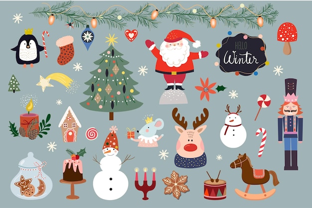 Christmas elements collection different funny characters winter design