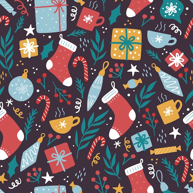 Christmas elements seamless pattern with gift box, floral, candy.