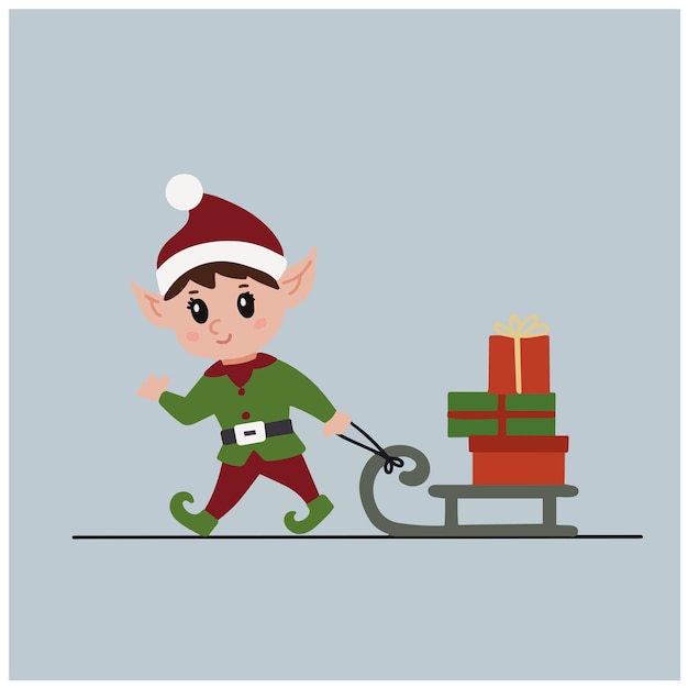 Christmas elf character pulls a sleigh with gifts sinterklaas helper illustration