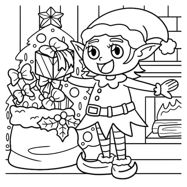 Christmas Elf Coloring Page for Kids