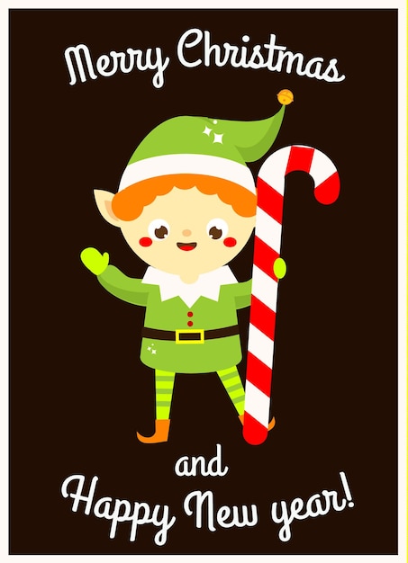 Christmas elf Cute Santa's hold candy cane Seasonal greeting card design in vintage style for New year holidays