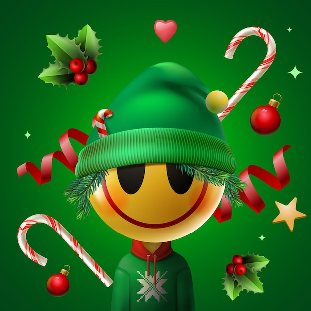 Christmas Elf emoji smiling face and holiday decorations elements. Vector illustration