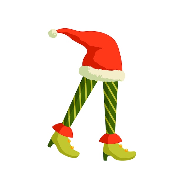 Christmas Elf feet and Santa hat vector illustration. Santa helper, leprechaun cartoon character. Female elfin legs in striped tights and high heel shoes isolated on white background.