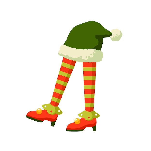 Christmas elf feet in striped socks flat vector illustration. Santa helper with green new year hat. Xmas folklore creature cartoon character. Funny elfin legs in boots isolated on white background.