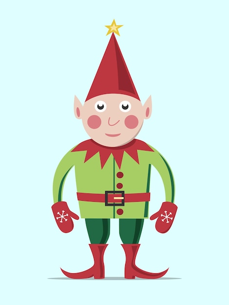 Christmas elf in green clothes and red hat standing on light blue background. EPS 8 vector illustration, no transparency