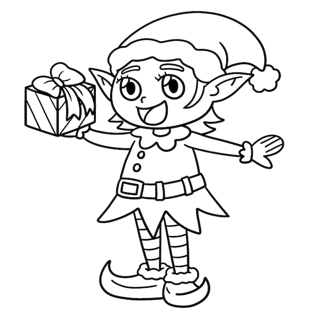 Christmas Elf Holding Gift Isolated Coloring Page