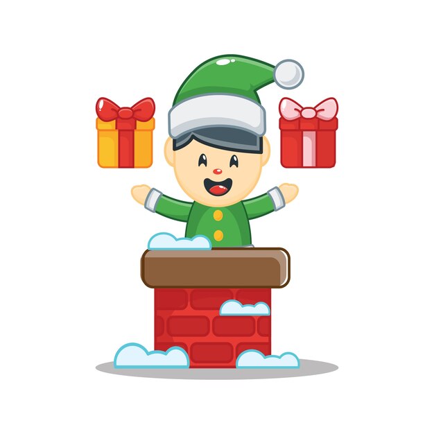 christmas elf out of chimney with gift box