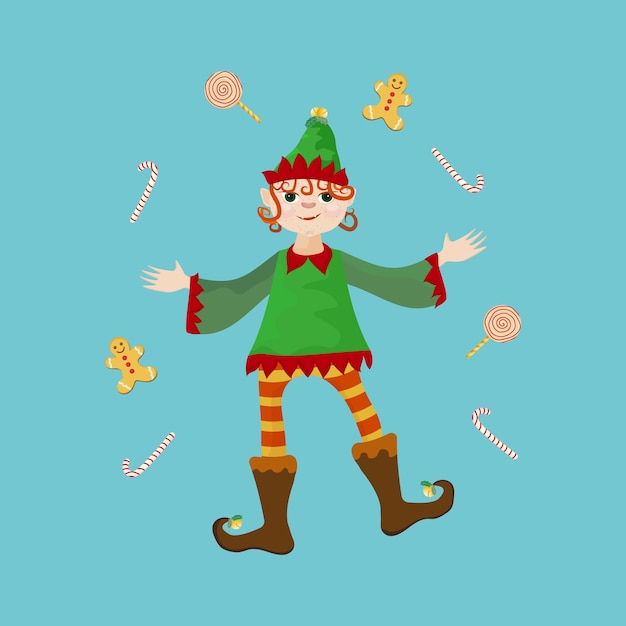 Christmas elf surrounded by candy