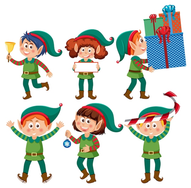 Christmas elves cartoon characters set