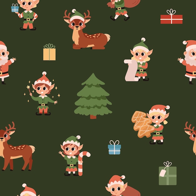 Christmas elves at the North Pole Vector seamless pattern with spruces Santa Claus deers elves