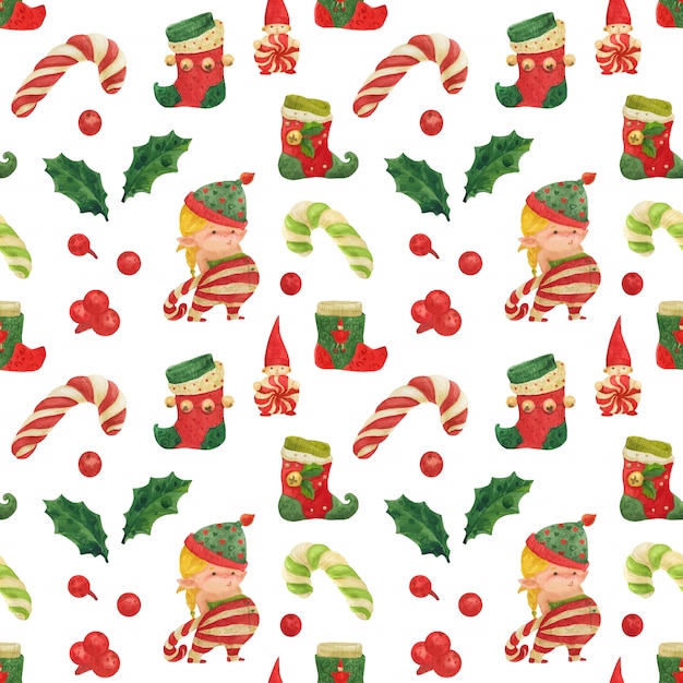 Christmas Elves Story seamless watercolor pattern with girl elf