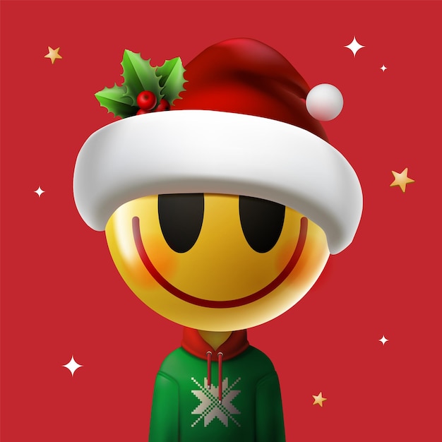 Christmas emoji smiling face in Santa hat. Vector illustration