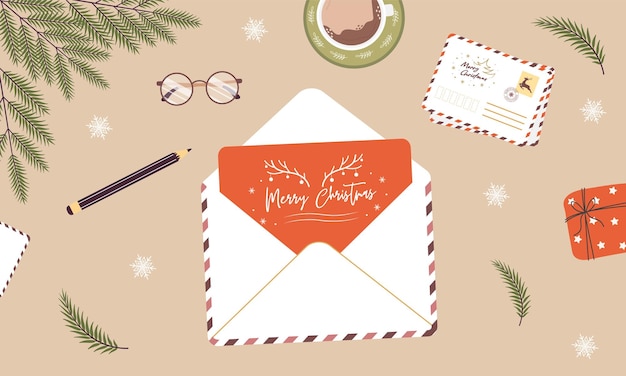 Christmas envelope on desk Handmade greeting card Sending or receiving New Year postcard or invitation Top view Vector illustration in flat cartoon style Winter holiday wishes