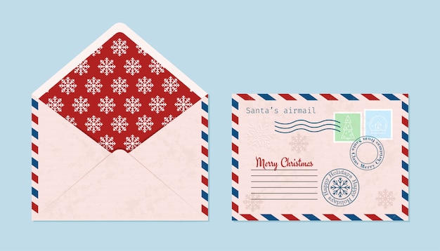 Christmas envelope with seals, stamps, open and closed.