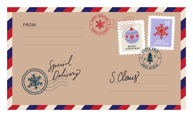 Christmas envelope with stamps seals and inscriptions to santa claus special delivery