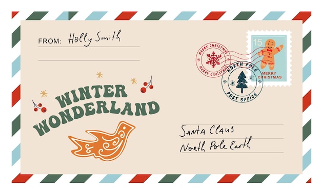 Vector christmas envelope with stamps seals and inscriptions to santa claus winter wondarland sign in groovy style