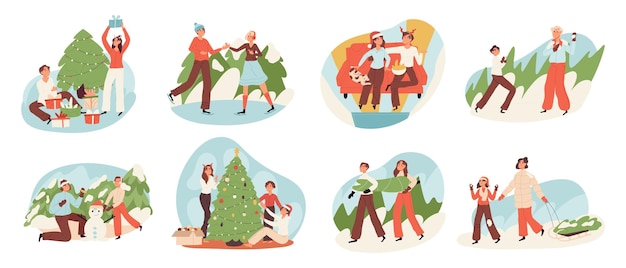 Christmas eve families and friends winter holiday celebration vector illustration set