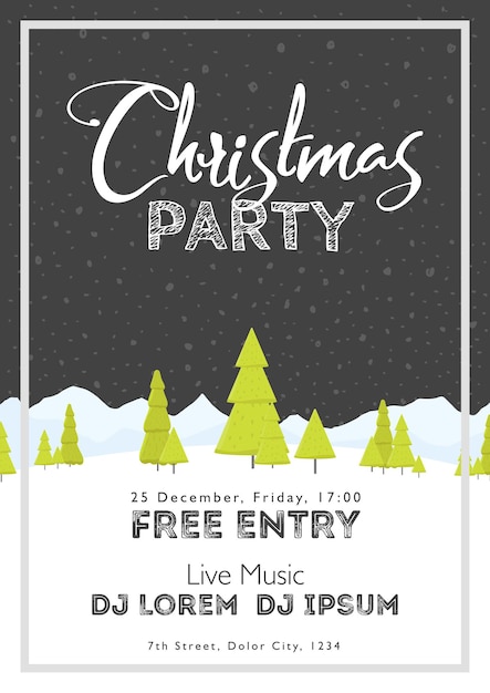 Christmas Festival and Party template. Snow tree mountains landscape vertical background. Template for holidays, concerts and parties. Winter theme.