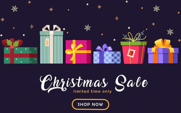 Christmas Festive holiday template Lettering Christmas sale with different colorful gifts and decor