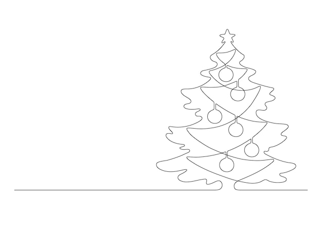 Christmas fir tree with decoration ball and garland continuous one line drawing. Christmas holidays