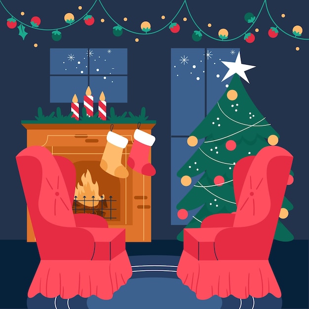 Christmas fireplace scene in flat design