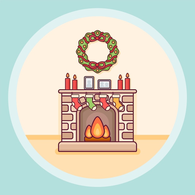 Christmas fireplace with candles, socks and wreath in flat line style.