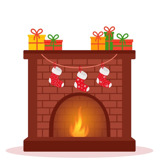 christmas fireplace with gifts and candy socks