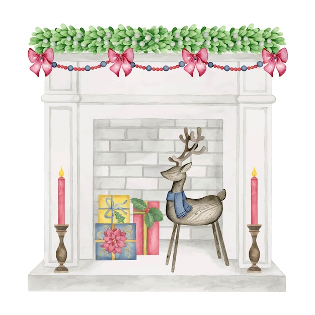 Christmas fireplace with greenery garland deer gifts candles