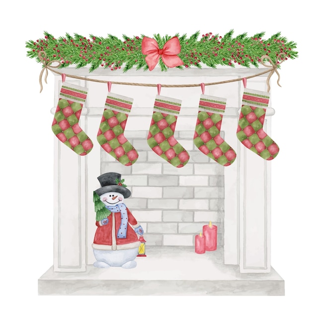 Christmas fireplace with greenery garland snowman stokings c