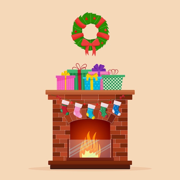 Christmas fireplace with socks decorations and christmas tree Merry christmas