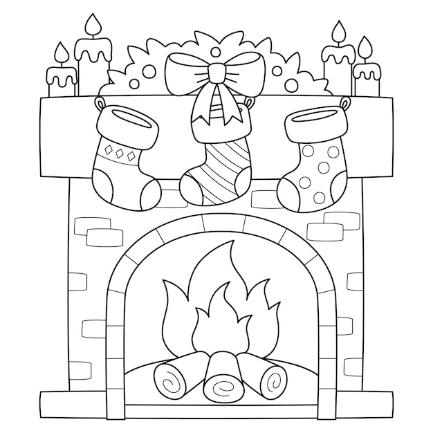 Christmas Fireplace with Stocking Isolated