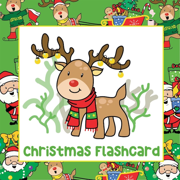 Christmas Flashcard for Children. Cute Santa Reindeer. Vector illustration.