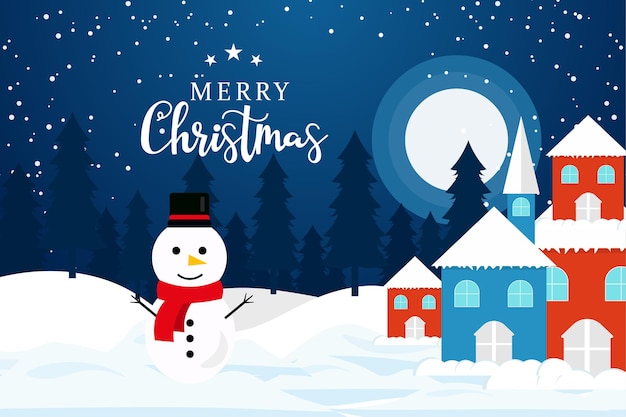 Christmas flat background design with snowman and home