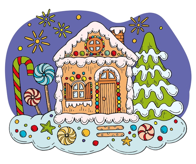 Christmas flat composition Vector gingerbread house with spruce and candy trees Lollipops dragee cookies in a snowdrift Hand drawn illustration