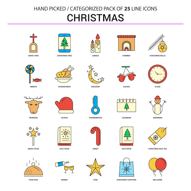 Christmas Flat Line Icon Set 