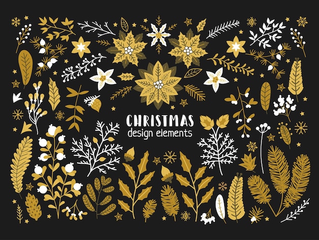 christmas floral collection with golden design elements. 