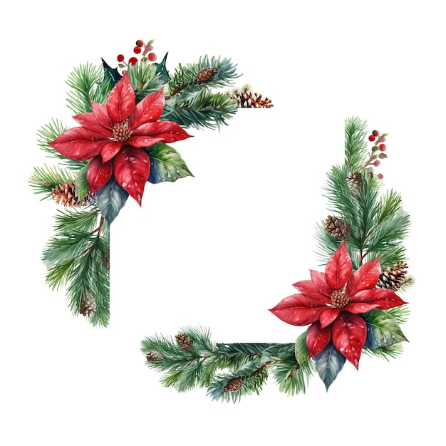 Christmas floral frame Watercolor border for holiday greeting card and invitation