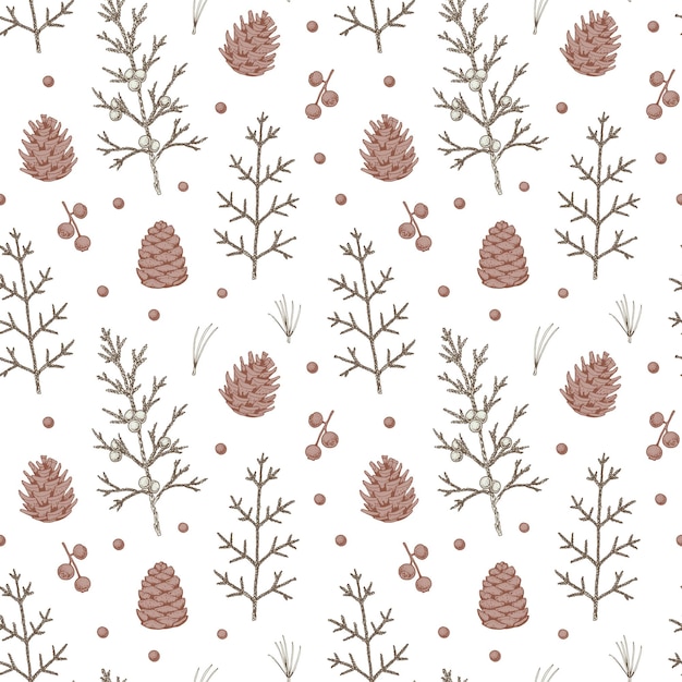 Christmas floral seamless patter with conifer cones and juniper branches