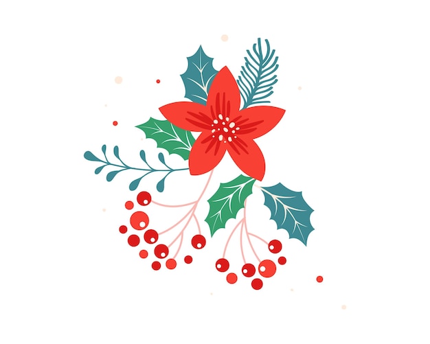 Christmas flower with leaves and berries Vector illustration in flat style