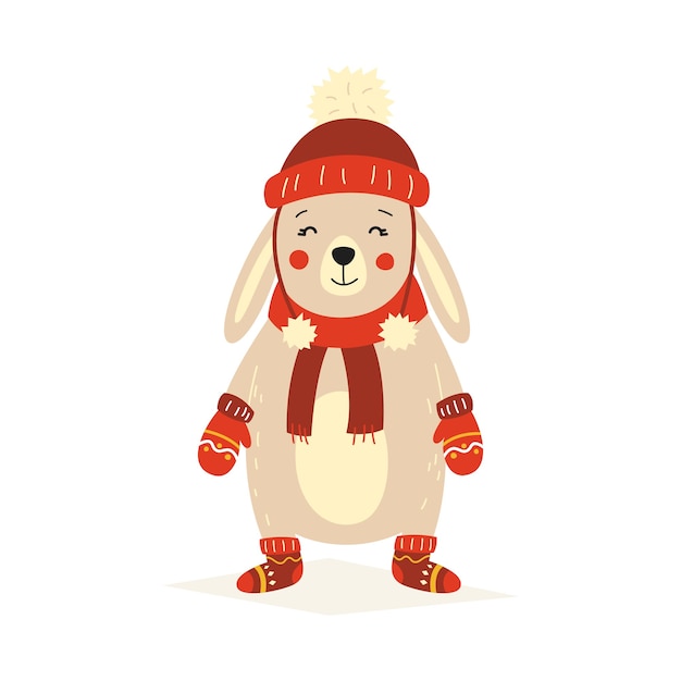 Christmas fluffy white standing rabbit in a red hat, mittens and felt boots. Vector illustration on white isolated background.