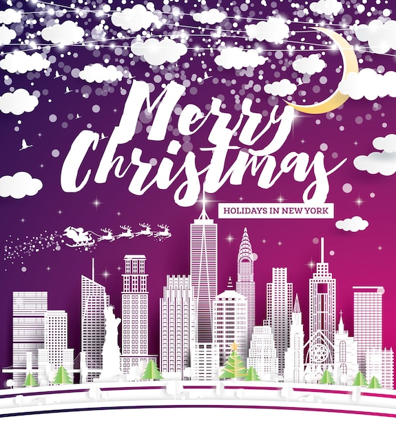 Christmas Flyer with New York USA City Skyline in Paper Cut Style