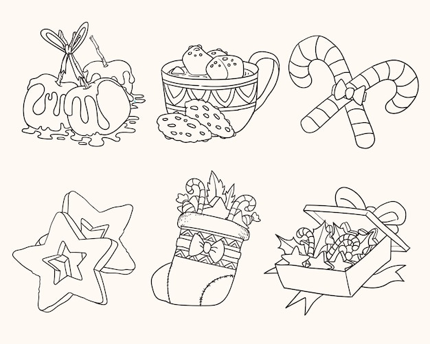 Christmas food and drink icons Christmas outline cartoon