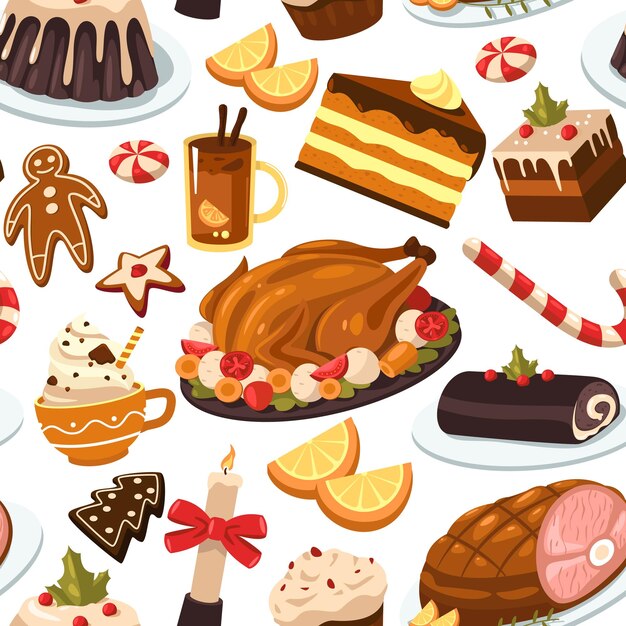 Vector christmas food pattern seamless print of traditional turkey and desserts happy holiday meal with champagne and cake vector texture delicious homemade dishes with meat and sweets