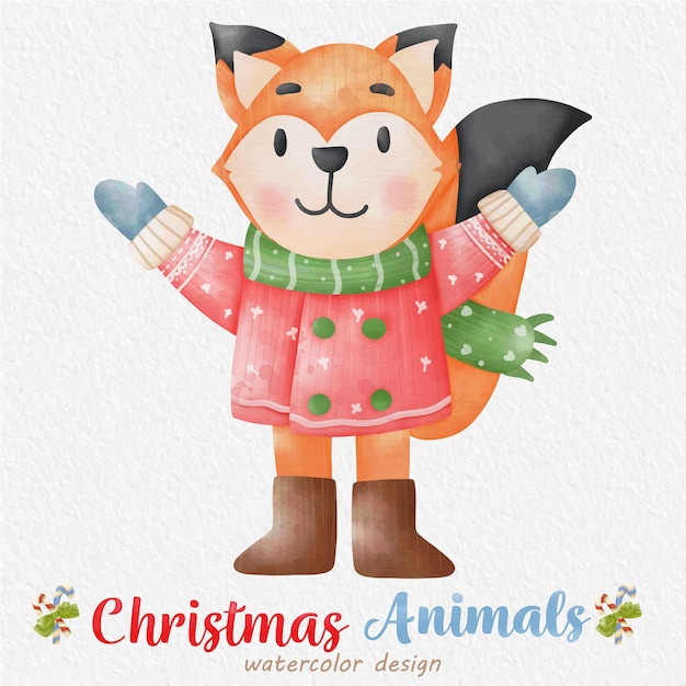 Christmas Fox watercolor illustration, with a paper background. For design, prints, fabric, or background. Christmas element vector.