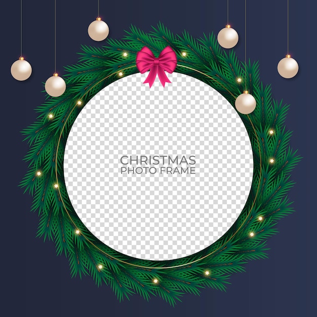 Christmas frame decoration with green pine branch Christmas ball snowflakes and star light