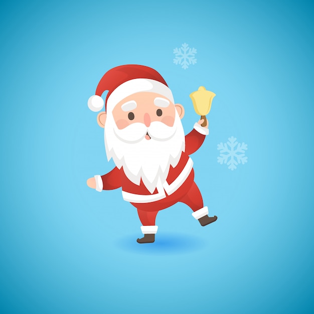 Christmas funny Santa Claus holding gold bell, vector illustration.