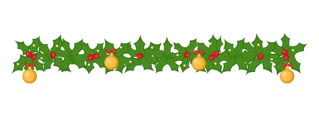 Christmas garland made of holly. Isolated decoration on white background