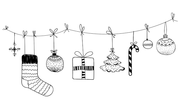 Christmas garland in vintage graphic doodle style isolated on white background